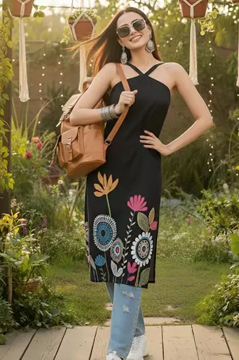Black  pure cotton printed kurti for women