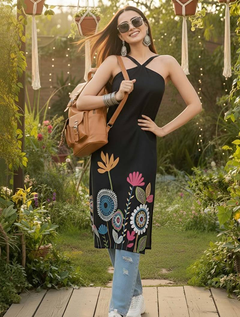 Black  pure cotton printed kurti for women