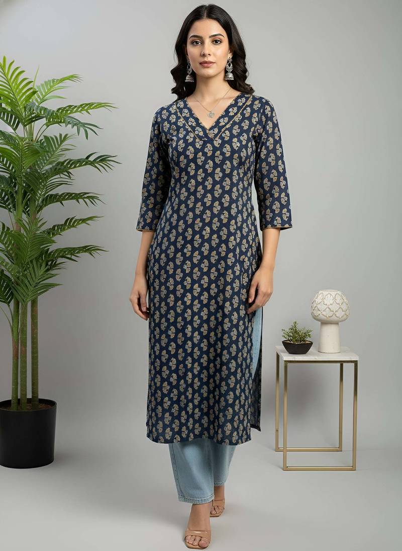 Blue  pure cotton printed kurti for women