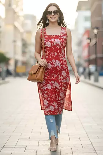 Red  pure cotton printed kurti for women