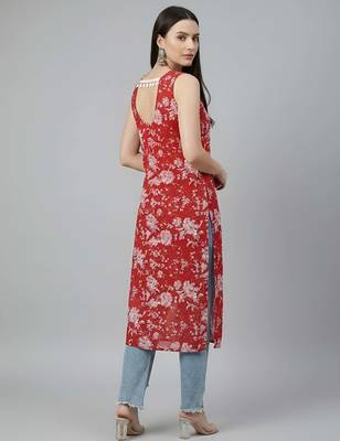Red  pure cotton printed kurti for women 2