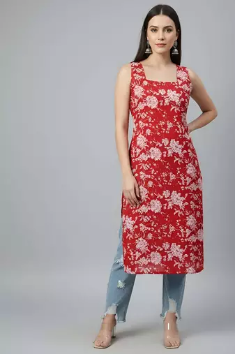 Red  pure cotton printed kurti for women