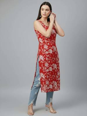 Red  pure cotton printed kurti for women 4