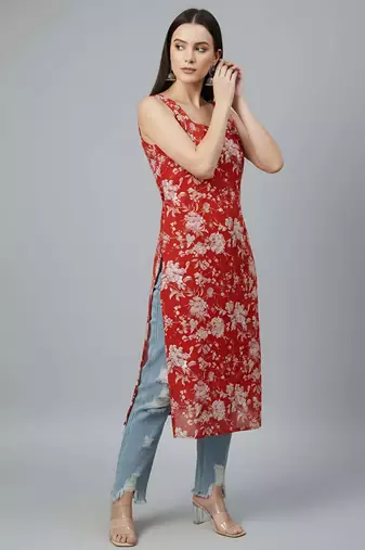 Red  pure cotton printed kurti for women