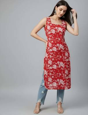 Red  pure cotton printed kurti for women 5