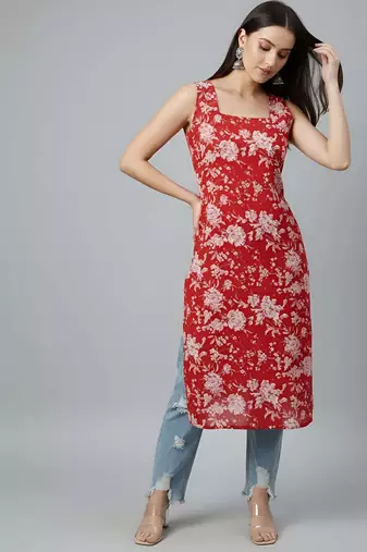 Red  pure cotton printed kurti for women