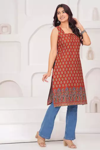 Rust  pure cotton printed kurti for women