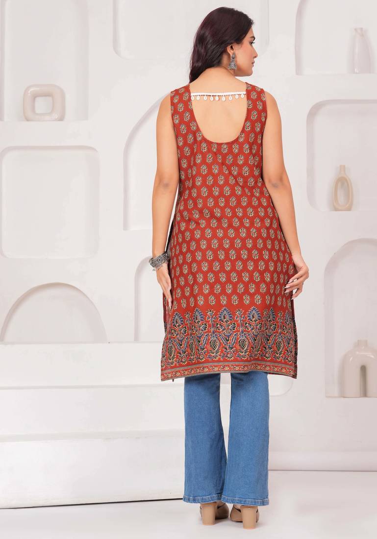 Rust  pure cotton printed kurti for women