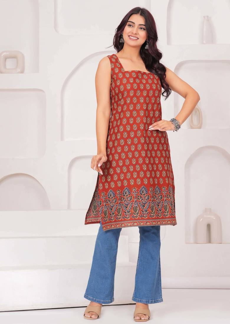 Rust  pure cotton printed kurti for women