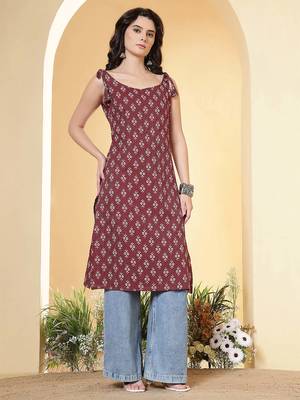 Burgundy  pure cotton printed kurti for women 1