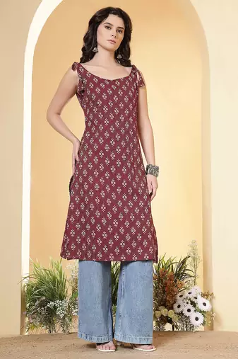 Burgundy  pure cotton printed kurti for women