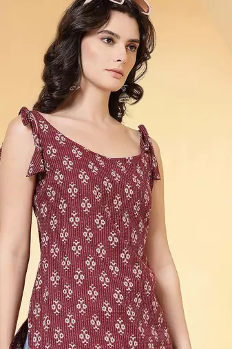 Burgundy  pure cotton printed kurti for women