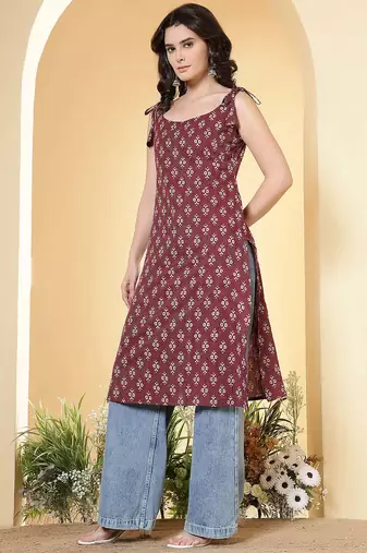 Burgundy  pure cotton printed kurti for women