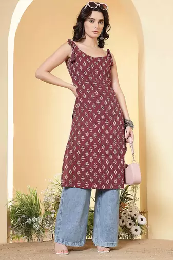 Burgundy  pure cotton printed kurti for women