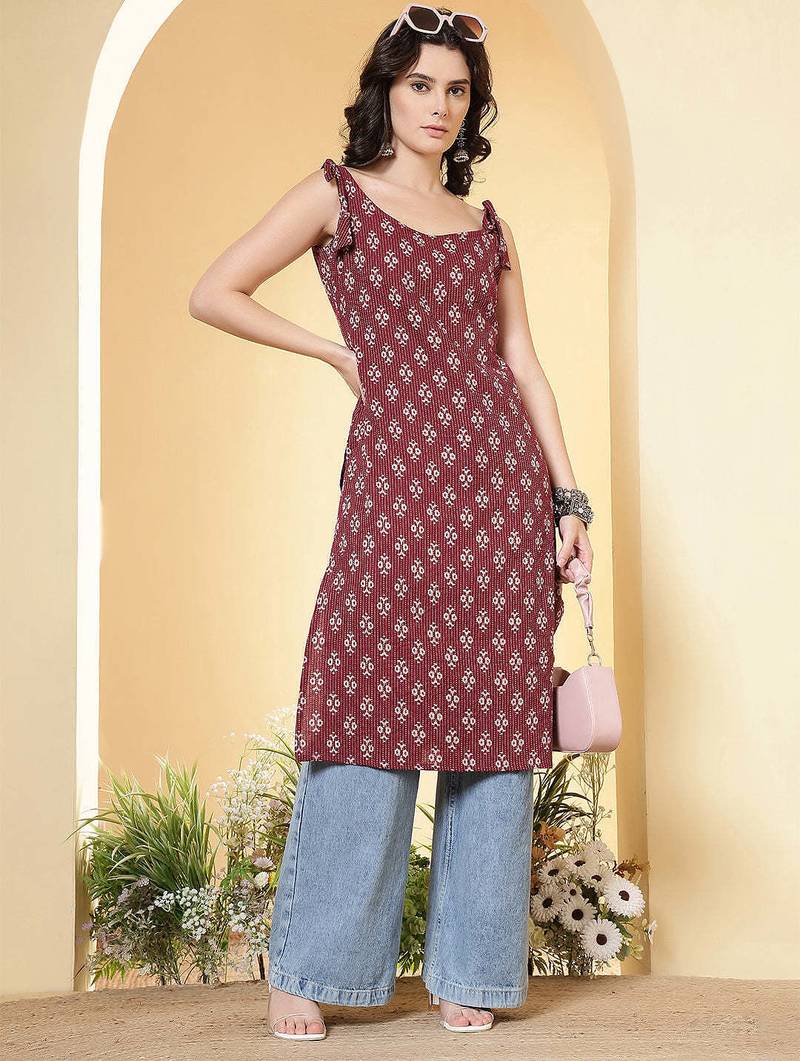 Burgundy  pure cotton printed kurti for women