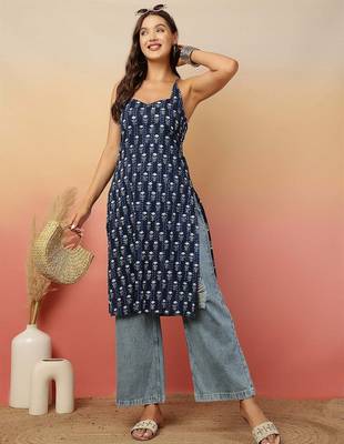 Navy blue  pure cotton printed kurti for women 1