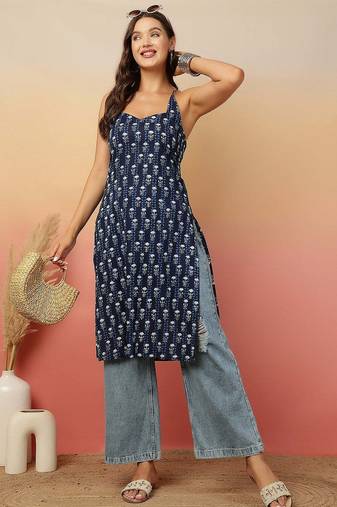 Navy blue  pure cotton printed kurti for women