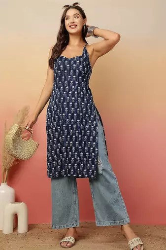 Navy blue  pure cotton printed kurti for women