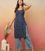 Navy blue  pure cotton printed kurti for women