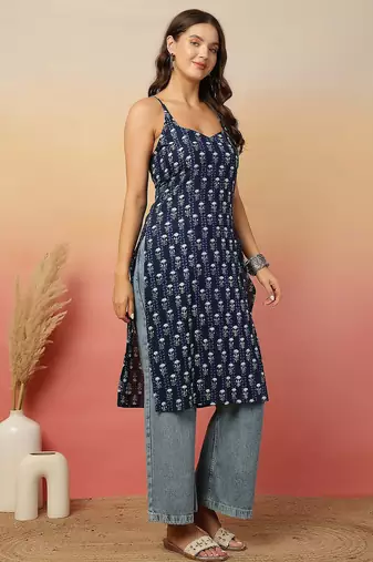 Navy blue  pure cotton printed kurti for women