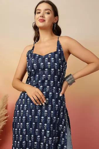 Navy blue  pure cotton printed kurti for women