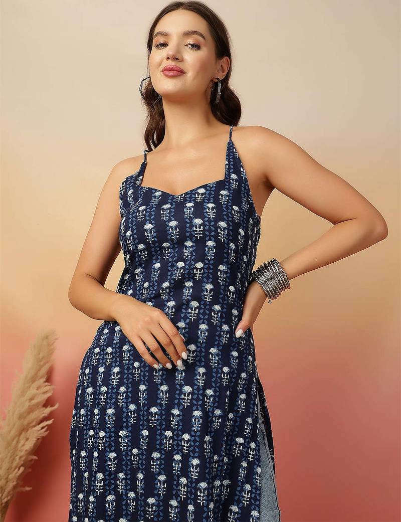 Navy blue  pure cotton printed kurti for women