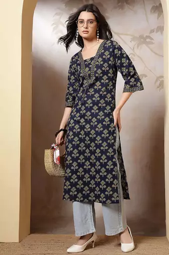 Blue  pure cotton printed kurti for women