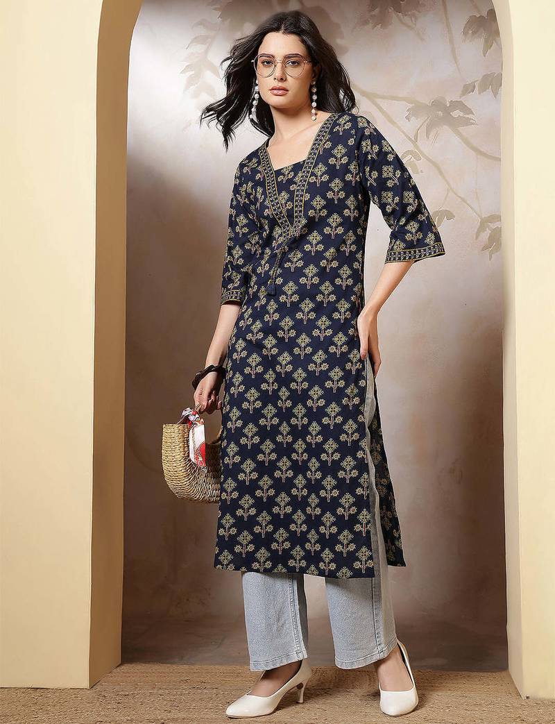 Blue  pure cotton printed kurti for women