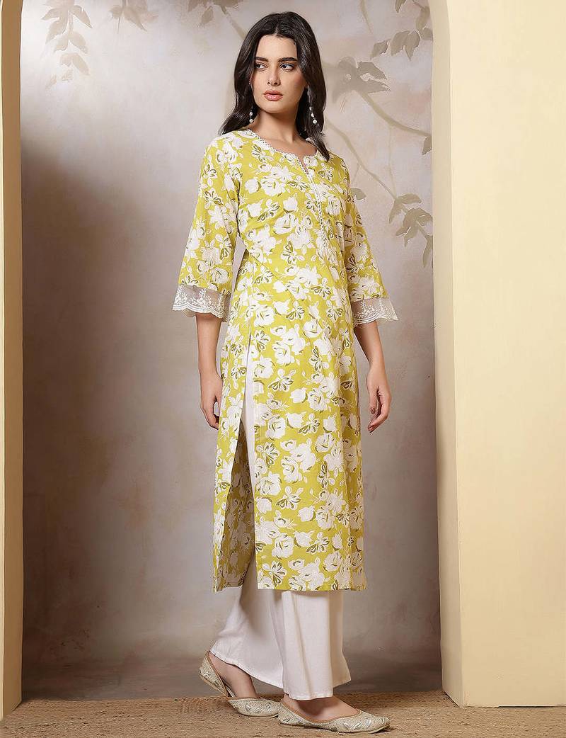 Green  pure cotton printed kurti for women