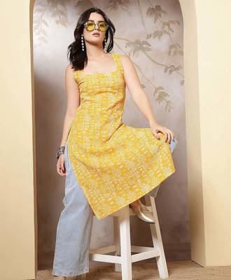 Yellow  pure cotton printed kurti for women 1