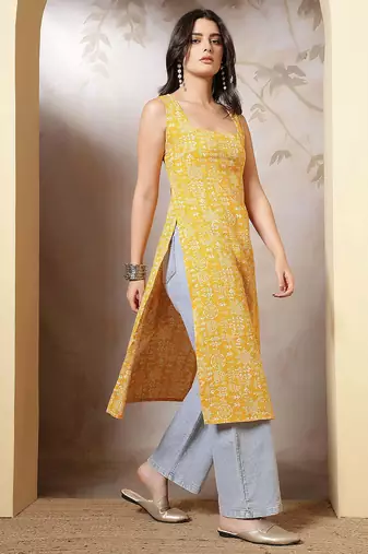 Yellow  pure cotton printed kurti for women