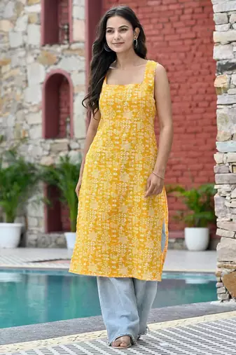 Yellow  pure cotton printed kurti for women