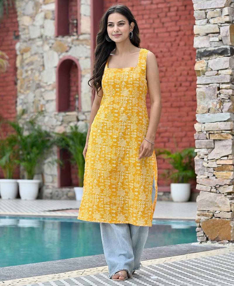 Yellow  pure cotton printed kurti for women