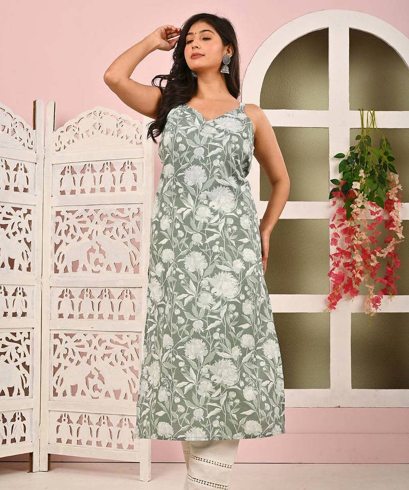 Green  pure cotton printed kurti for women