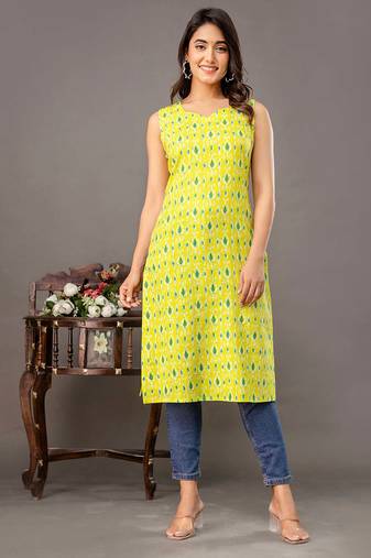 Lime green  pure cotton printed kurti for women