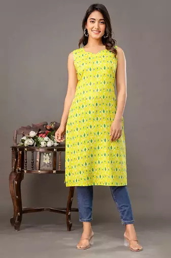 Lime green  pure cotton printed kurti for women