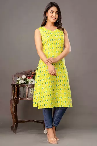 Lime green  pure cotton printed kurti for women