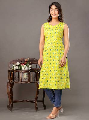 Lime green  pure cotton printed kurti for women 4