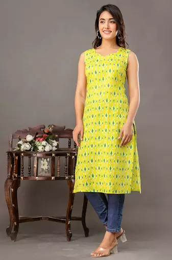 Lime green  pure cotton printed kurti for women
