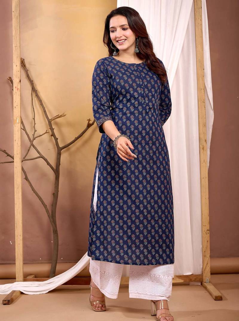 Navy blue  pure cotton printed kurti for women