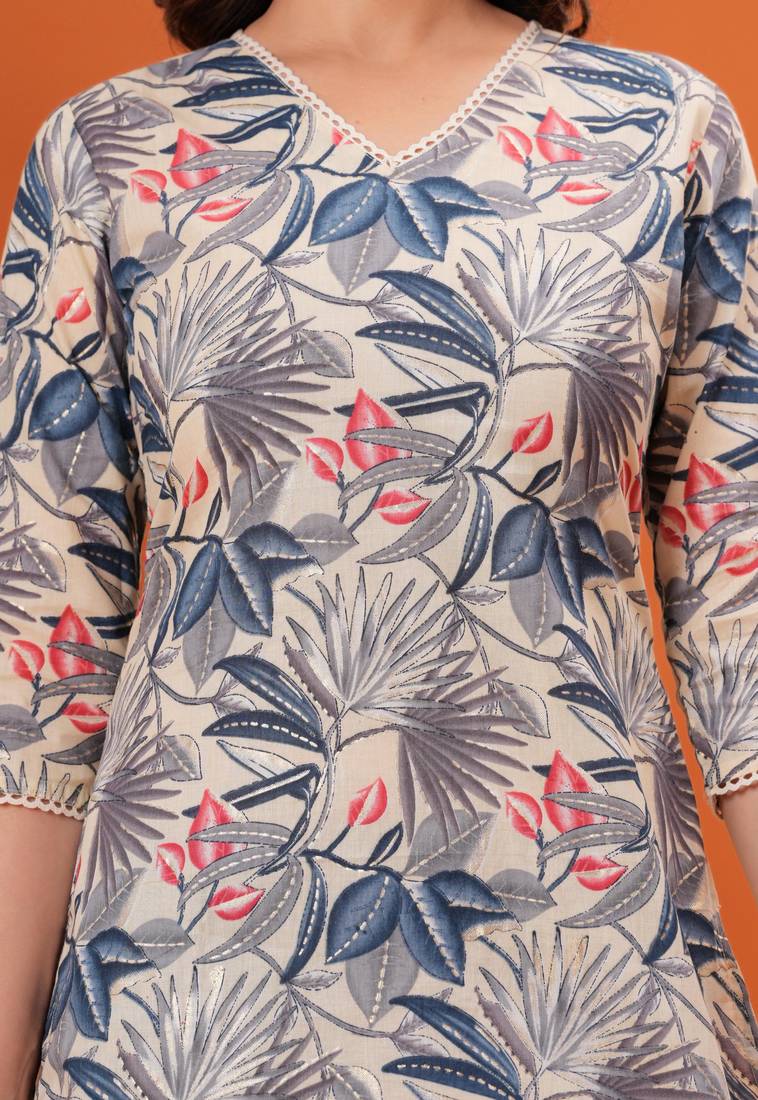 Off white  pure cotton printed kurti for women