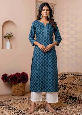 Teal blue  pure cotton printed kurti for women 1
