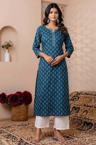 Teal blue  pure cotton printed kurti for women