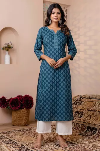 Teal blue  pure cotton printed kurti for women