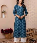 Teal blue  pure cotton printed kurti for women