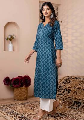 Teal blue  pure cotton printed kurti for women 3