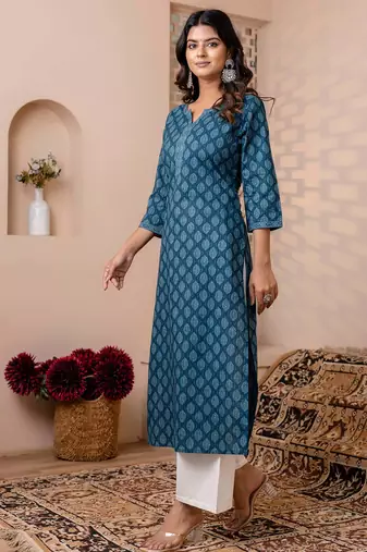 Teal blue  pure cotton printed kurti for women