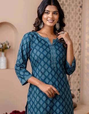 Teal blue  pure cotton printed kurti for women 4