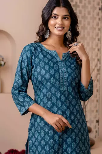 Teal blue  pure cotton printed kurti for women