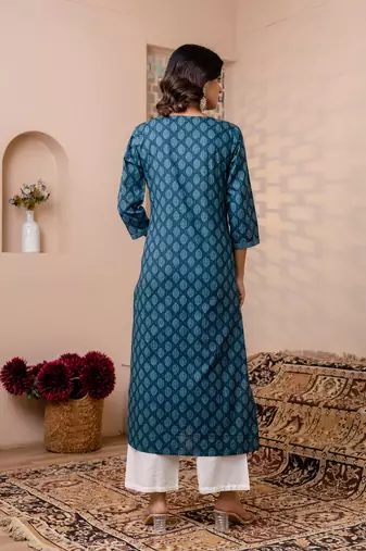 Teal blue  pure cotton printed kurti for women